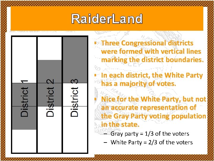 Raider. Land • Three Congressional districts were formed with vertical lines marking the district