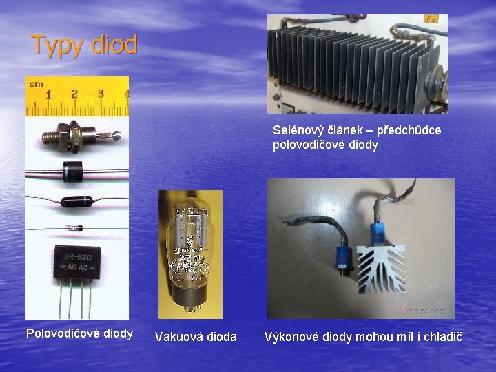 Typy diod Selénový článek – předchůdce polovodičové diody Polovodičové diody Vakuová dioda Výkonové diody