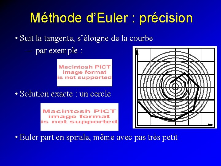 Méthode d’Euler : précision • Suit la tangente, s’éloigne de la courbe – par