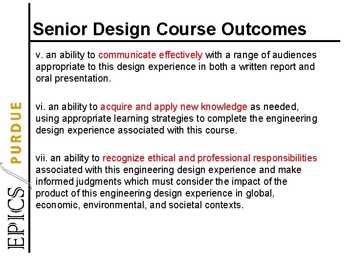 Senior Design Course Outcomes v. an ability to communicate effectively with a range of