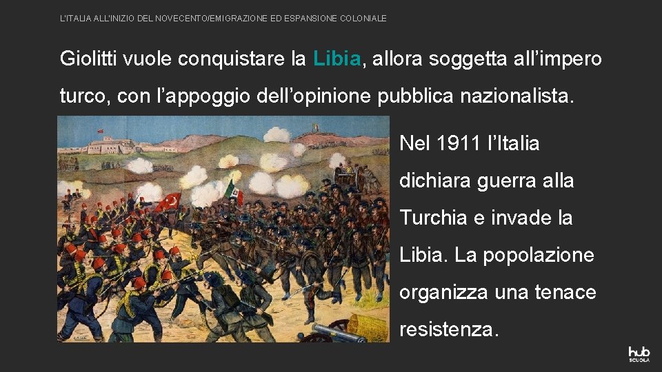 L’ITALIA ALL’INIZIO DEL NOVECENTO/EMIGRAZIONE ED ESPANSIONE COLONIALE Giolitti vuole conquistare la Libia, allora soggetta