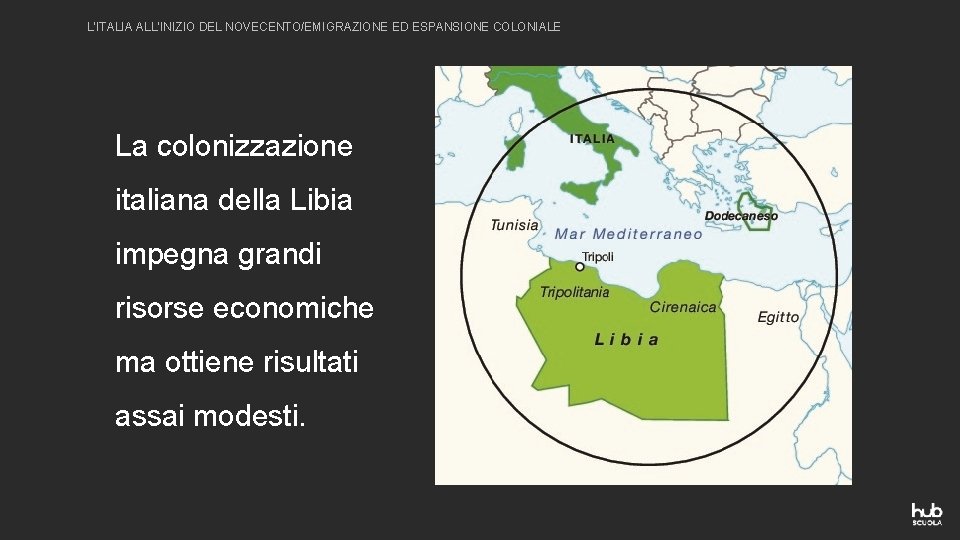 L’ITALIA ALL’INIZIO DEL NOVECENTO/EMIGRAZIONE ED ESPANSIONE COLONIALE La colonizzazione italiana della Libia impegna grandi