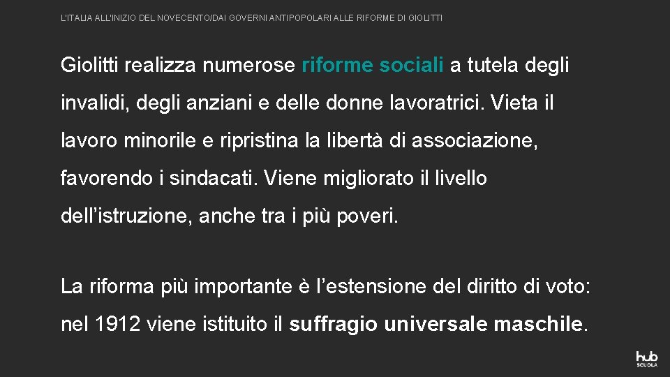 L’ITALIA ALL’INIZIO DEL NOVECENTO/DAI GOVERNI ANTIPOPOLARI ALLE RIFORME DI GIOLITTI Giolitti realizza numerose riforme L’ITALIA ALL’INIZIO DEL NOVECENTO/DAI GOVERNI ANTIPOPOLARI ALLE RIFORME DI GIOLITTI Giolitti realizza numerose riforme