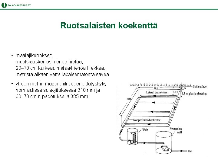 Ruotsalaisten koekenttä • maalajikerrokset: muokkauskerros hienoa hietaa, 20– 70 cm karkeaa hietaa/hienoa hiekkaa, metristä
