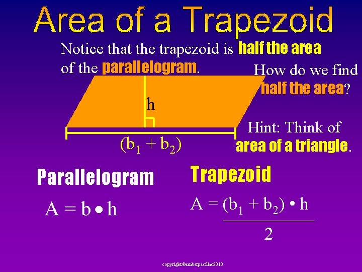 Notice that the trapezoid is half the area of the parallelogram. How do we