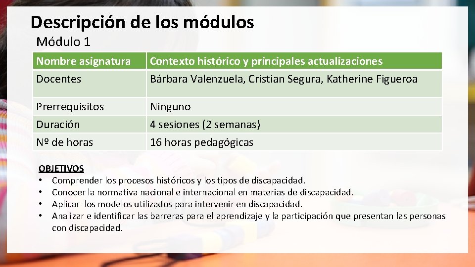 Descripción de los módulos Módulo 1 Nombre asignatura Docentes Contexto histórico y principales actualizaciones