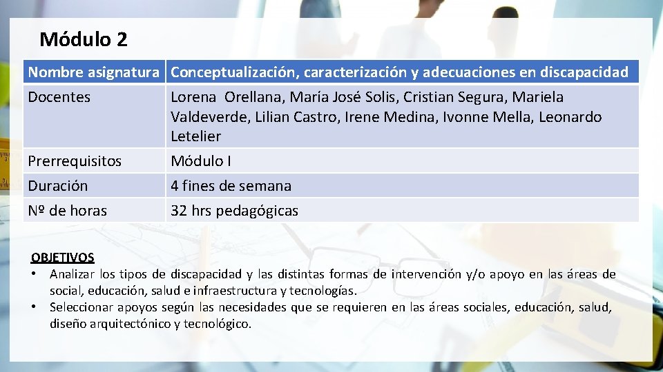 Módulo 2 Nombre asignatura Conceptualización, caracterización y adecuaciones en discapacidad Docentes Lorena Orellana, María