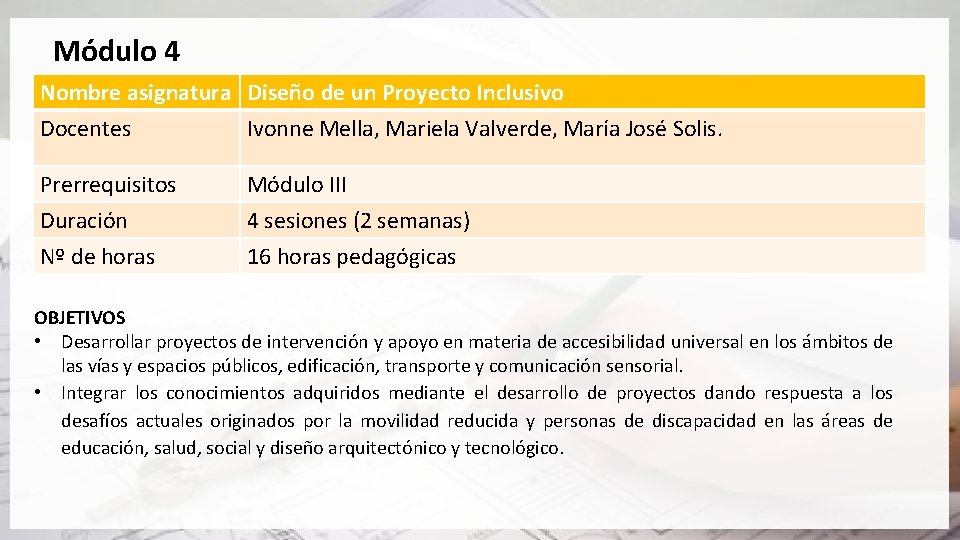 Módulo 4 Nombre asignatura Diseño de un Proyecto Inclusivo Docentes Ivonne Mella, Mariela Valverde,