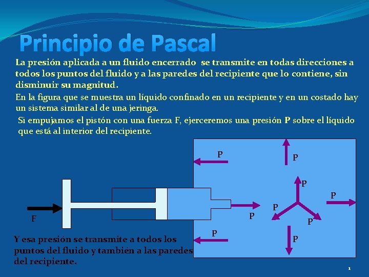 Principio de Pascal La presión aplicada a un fluido encerrado se transmite en todas