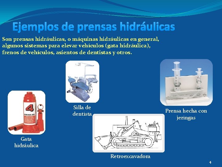 Ejemplos de prensas hidráulicas Son prensas hidráulicas, o máquinas hidráulicas en general, algunos sistemas