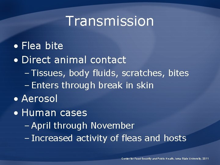 Transmission • Flea bite • Direct animal contact – Tissues, body fluids, scratches, bites