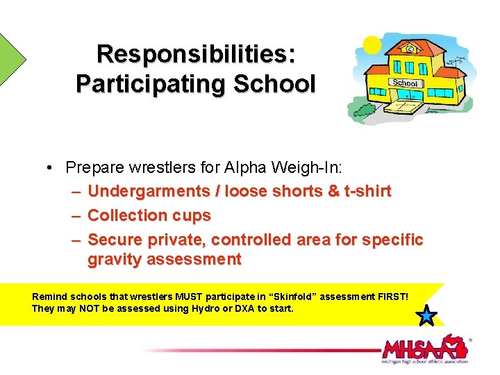 Responsibilities: Participating School • Prepare wrestlers for Alpha Weigh-In: – Undergarments / loose shorts