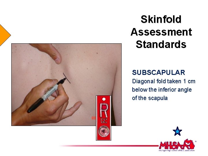 Skinfold Assessment Standards SUBSCAPULAR Diagonal fold taken 1 cm below the inferior angle of