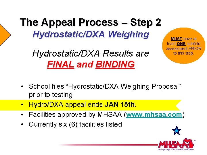 The Appeal Process – Step 2 Hydrostatic/DXA Weighing Hydrostatic/DXA Results are FINAL and BINDING