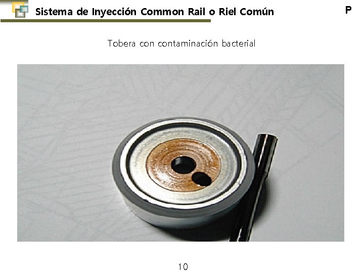 Sistema de Inyección Common Rail o Riel Común Tobera contaminación bacterial 10 P 