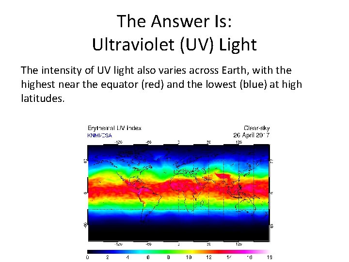 The Answer Is: Ultraviolet (UV) Light The intensity of UV light also varies across