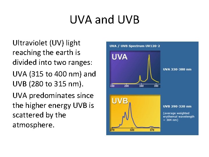 UVA and UVB Ultraviolet (UV) light reaching the earth is divided into two ranges: