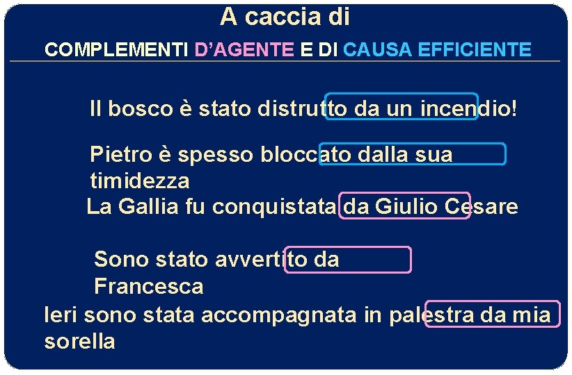 A caccia di COMPLEMENTI D’AGENTE E DI CAUSA EFFICIENTE Il bosco è stato distrutto