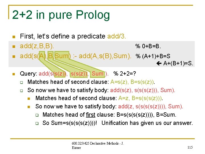 2+2 in pure Prolog n n n First, let’s define a predicate add/3. add(z, 2+2 in pure Prolog n n n First, let’s define a predicate add/3. add(z,