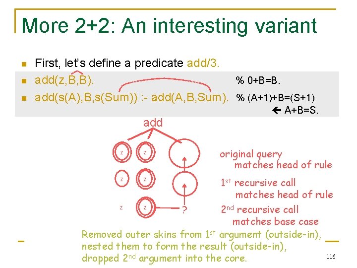 More 2+2: An interesting variant n n n First, let’s define a predicate add/3. More 2+2: An interesting variant n n n First, let’s define a predicate add/3.