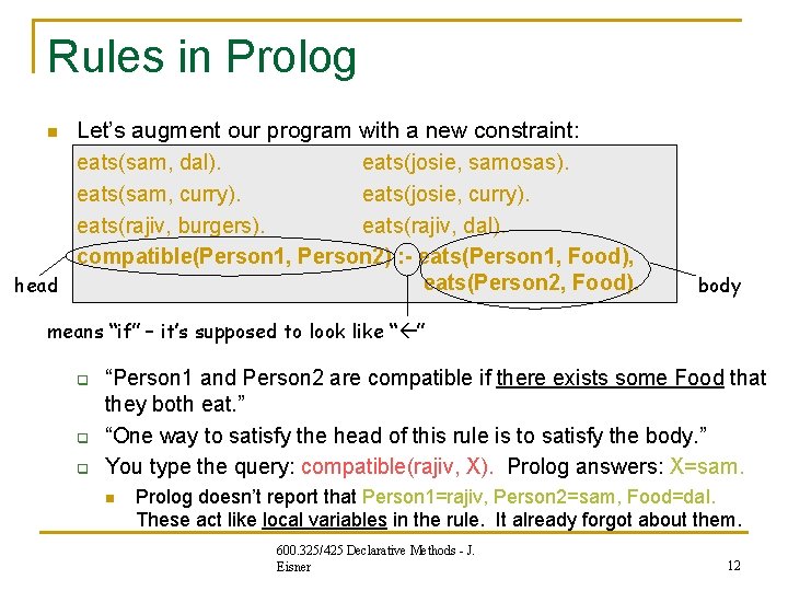 Rules in Prolog Let’s augment our program with a new constraint: eats(sam, dal). eats(josie, Rules in Prolog Let’s augment our program with a new constraint: eats(sam, dal). eats(josie,