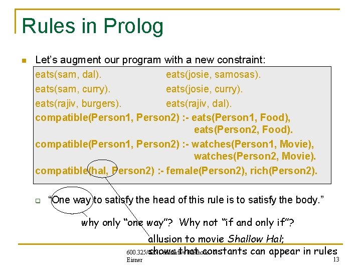 Rules in Prolog n Let’s augment our program with a new constraint: eats(sam, dal). Rules in Prolog n Let’s augment our program with a new constraint: eats(sam, dal).