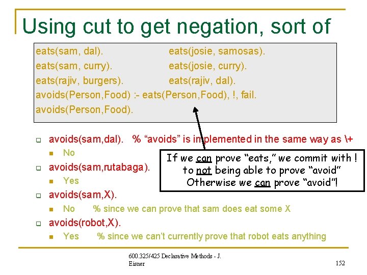 Using cut to get negation, sort of eats(sam, dal). eats(josie, samosas). eats(sam, curry). eats(josie, Using cut to get negation, sort of eats(sam, dal). eats(josie, samosas). eats(sam, curry). eats(josie,