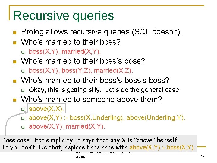 Recursive queries n n Prolog allows recursive queries (SQL doesn’t). Who’s married to their Recursive queries n n Prolog allows recursive queries (SQL doesn’t). Who’s married to their