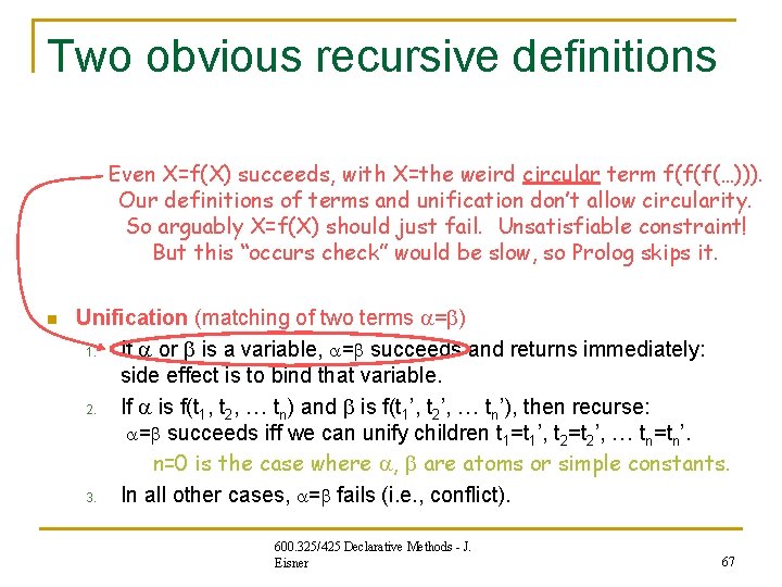 Two obvious recursive definitions Even X=f(X) succeeds, with X=the weird circular term f(f(f(…))). Our Two obvious recursive definitions Even X=f(X) succeeds, with X=the weird circular term f(f(f(…))). Our