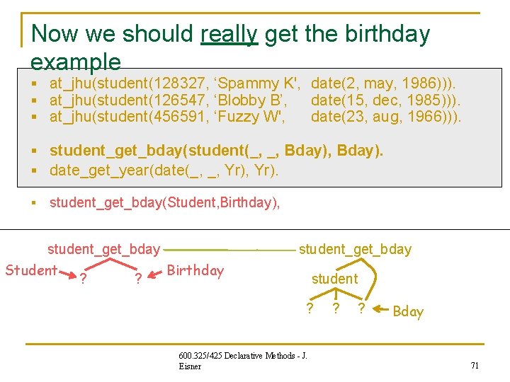 Now we should really get the birthday example § at_jhu(student(128327, ‘Spammy K', date(2, may, Now we should really get the birthday example § at_jhu(student(128327, ‘Spammy K', date(2, may,