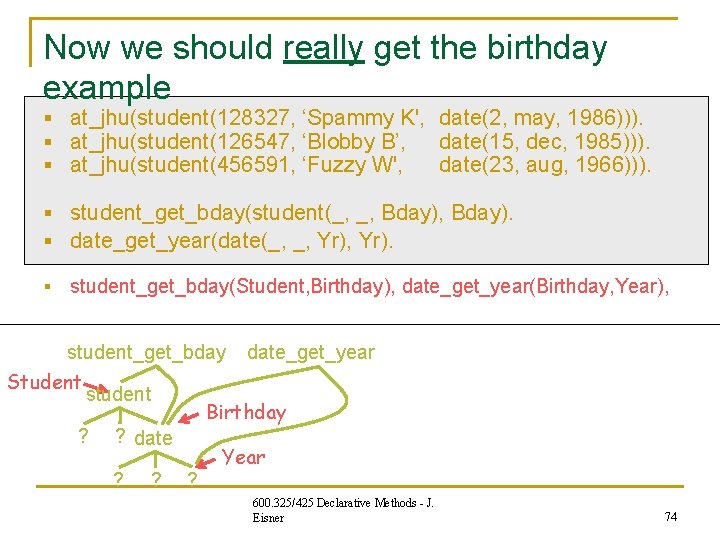 Now we should really get the birthday example § at_jhu(student(128327, ‘Spammy K', date(2, may, Now we should really get the birthday example § at_jhu(student(128327, ‘Spammy K', date(2, may,