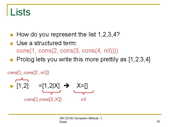 Lists n n n How do you represent the list 1, 2, 3, 4? Lists n n n How do you represent the list 1, 2, 3, 4?