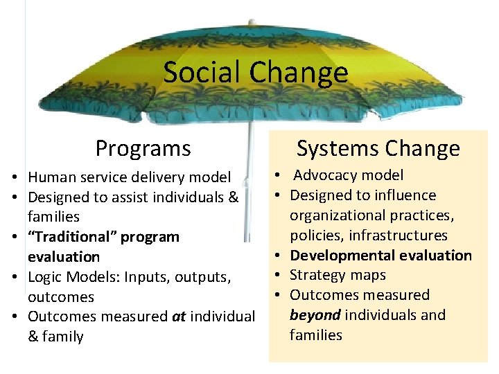 Social Change Programs • Human service delivery model • Designed to assist individuals &