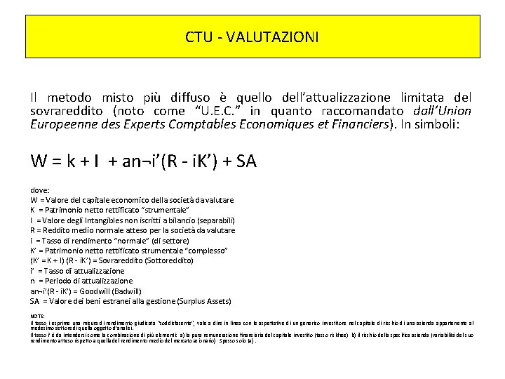 CTU - VALUTAZIONI Il metodo misto più diffuso è quello dell’attualizzazione limitata del sovrareddito