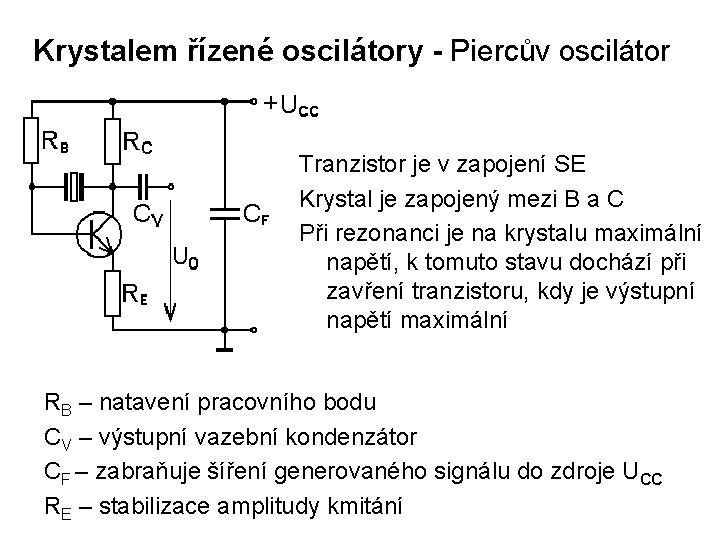 Krystalem řízené oscilátory - Piercův oscilátor Tranzistor je v zapojení SE Krystal je zapojený