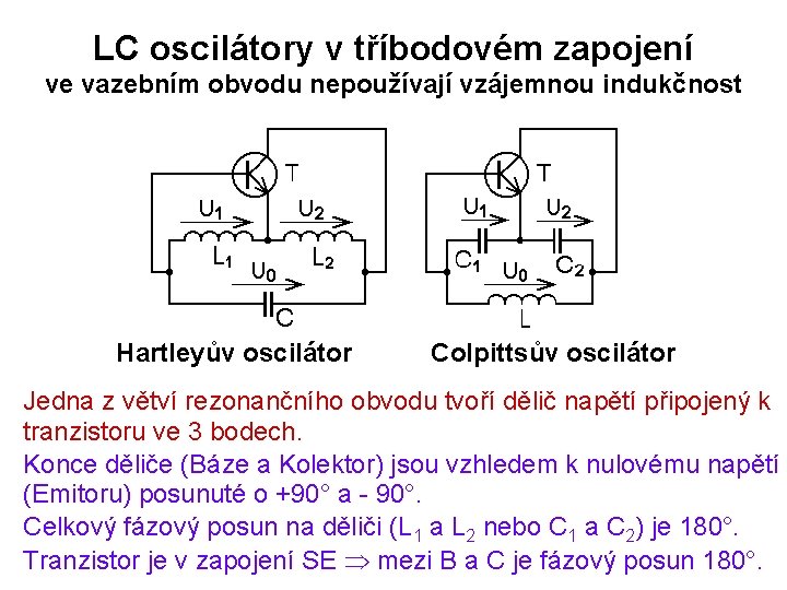 LC oscilátory v tříbodovém zapojení ve vazebním obvodu nepoužívají vzájemnou indukčnost Hartleyův oscilátor Colpittsův