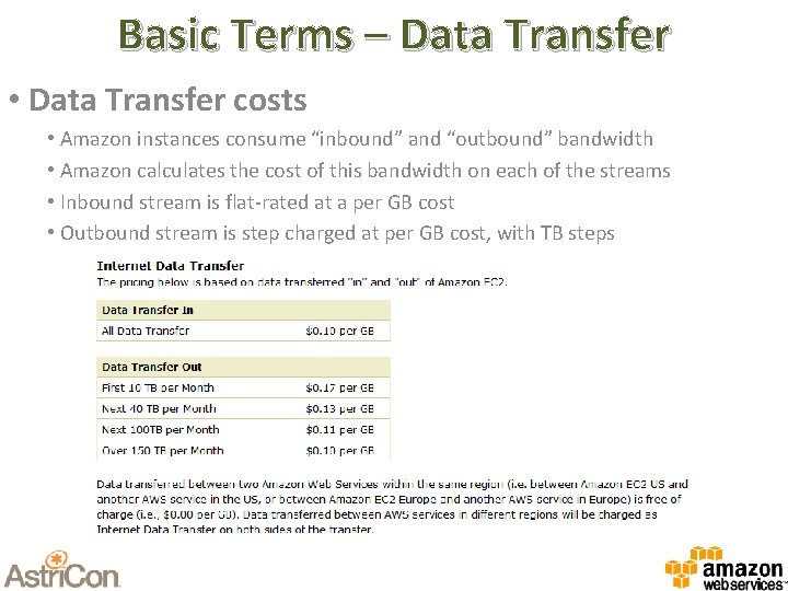 Basic Terms – Data Transfer • Data Transfer costs • Amazon instances consume “inbound”