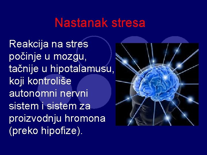 Nastanak stresa Reakcija na stres počinje u mozgu, tačnije u hipotalamusu, koji kontroliše autonomni