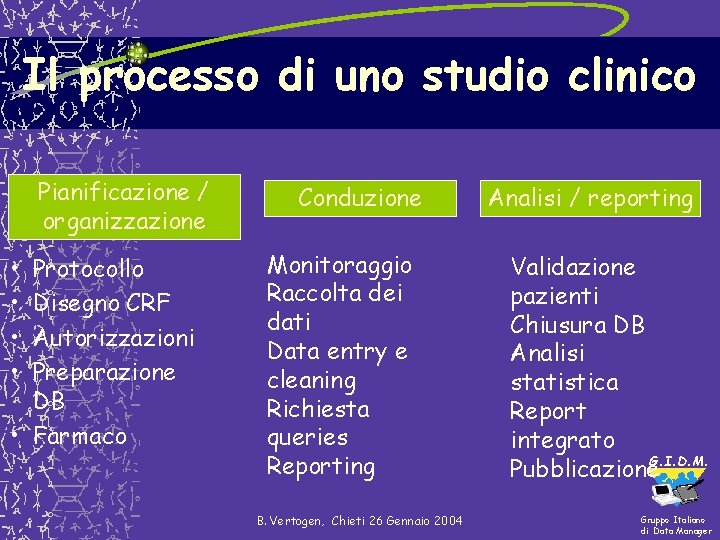 Il processo di uno studio clinico Pianificazione / organizzazione • • Protocollo Disegno CRF Il processo di uno studio clinico Pianificazione / organizzazione • • Protocollo Disegno CRF