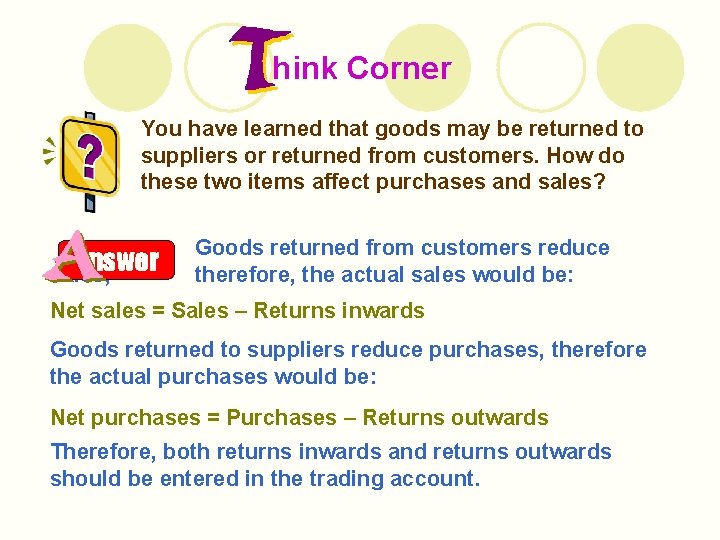 hink Corner You have learned that goods may be returned to suppliers or returned