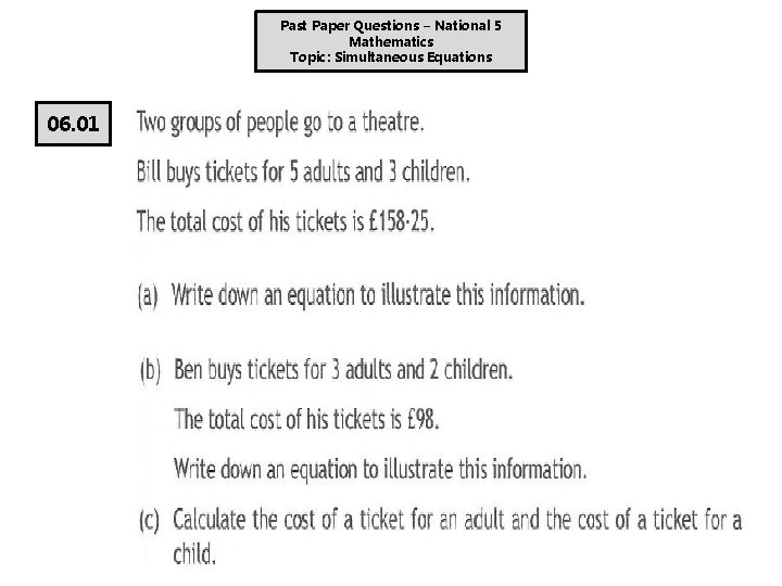 Past Paper Questions – National 5 Mathematics Topic: Simultaneous Equations 06. 01 