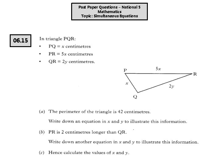 Past Paper Questions – National 5 Mathematics Topic: Simultaneous Equations 06. 15 