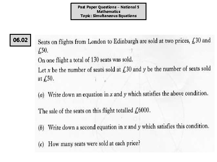 Past Paper Questions – National 5 Mathematics Topic: Simultaneous Equations 06. 02 