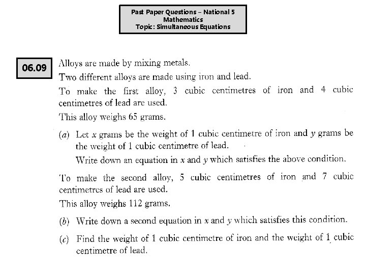 Past Paper Questions – National 5 Mathematics Topic: Simultaneous Equations 06. 09 