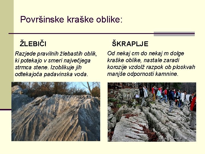 Površinske kraške oblike: ŽLEBIČI Razjede pravilnih žlebastih oblik, ki potekajo v smeri največjega strmca Površinske kraške oblike: ŽLEBIČI Razjede pravilnih žlebastih oblik, ki potekajo v smeri največjega strmca