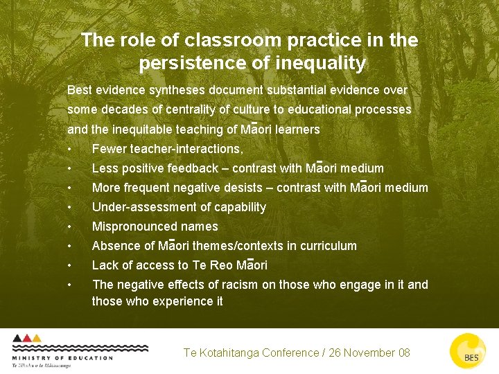 The role of classroom practice in the persistence of inequality Best evidence syntheses document