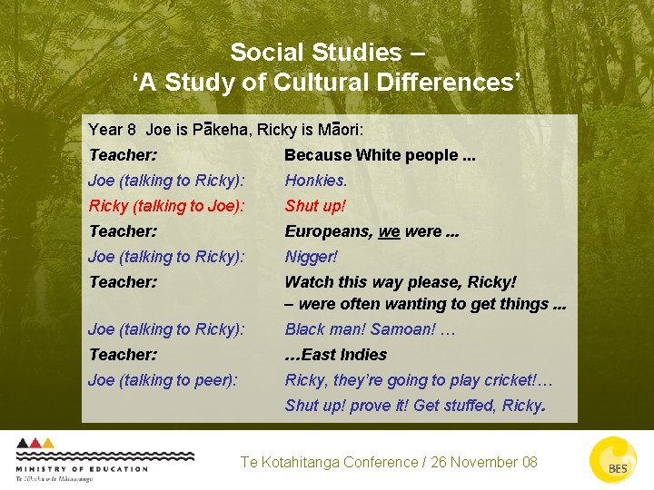 Social Studies – ‘A Study of Cultural Differences’ Year 8 Joe is Pakeha, Ricky