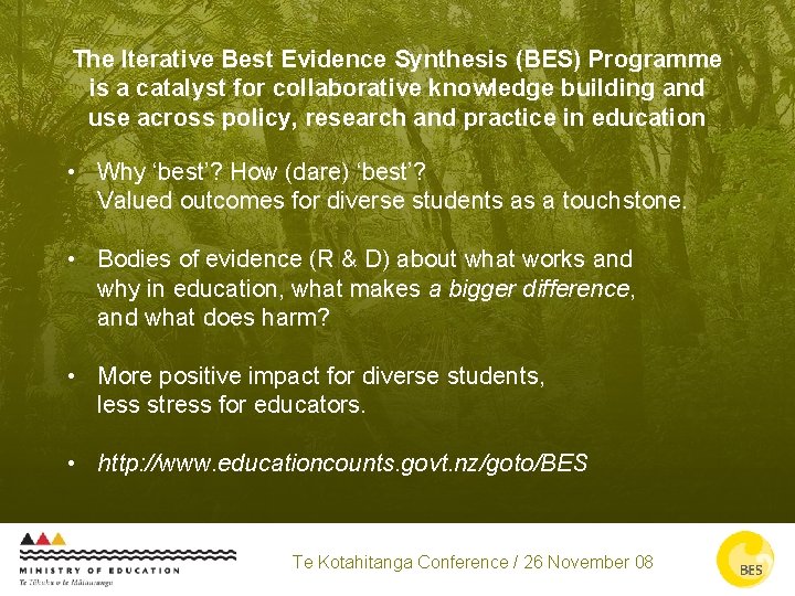 The Iterative Best Evidence Synthesis (BES) Programme is a catalyst for collaborative knowledge building