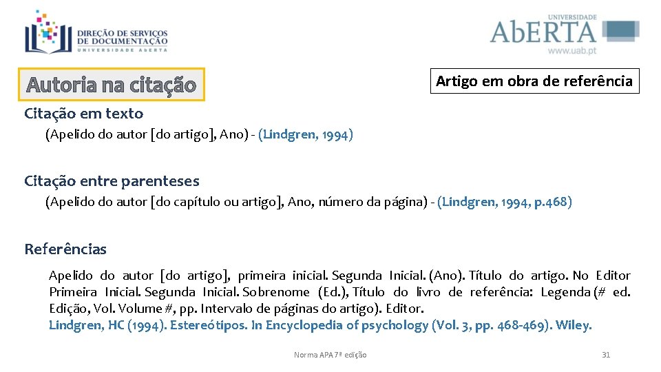 Artigo em obra de referência Autoria na citação Citação em texto (Apelido do autor