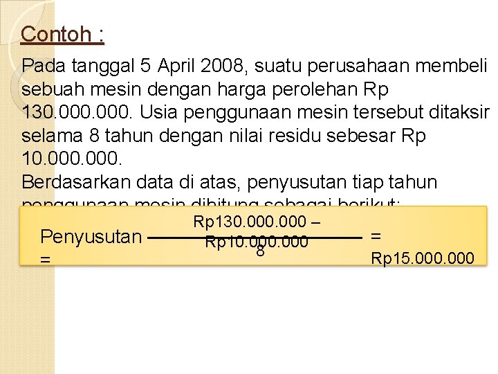 Contoh : Pada tanggal 5 April 2008, suatu perusahaan membeli sebuah mesin dengan harga